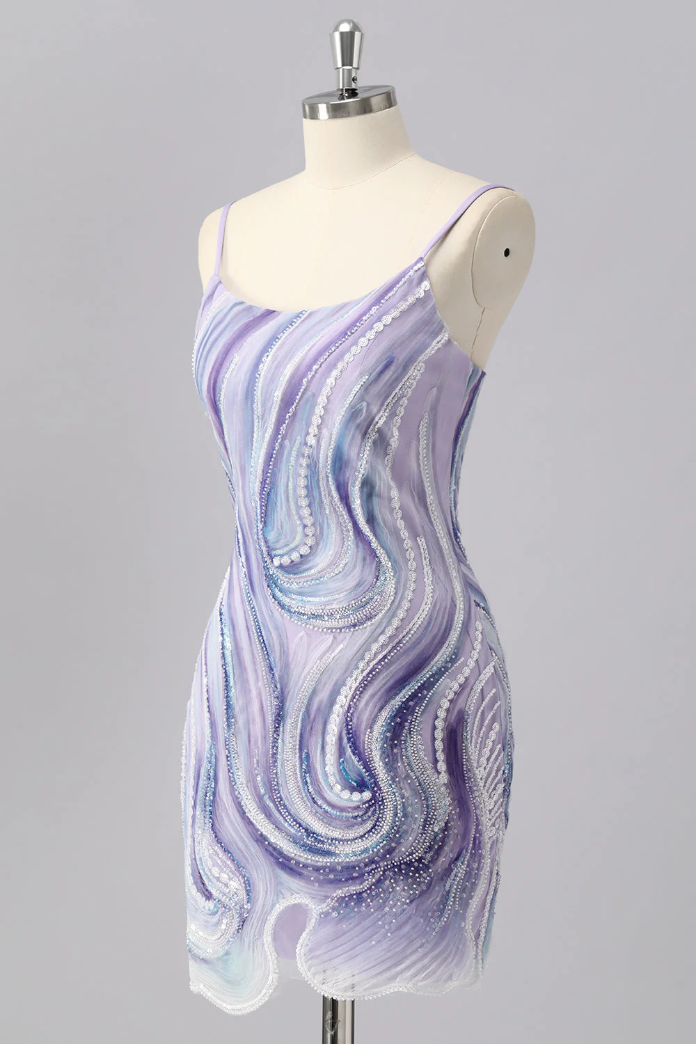 Robe moulante de retour aux balles perlées lilas scintillante avec paillettes - Image 3