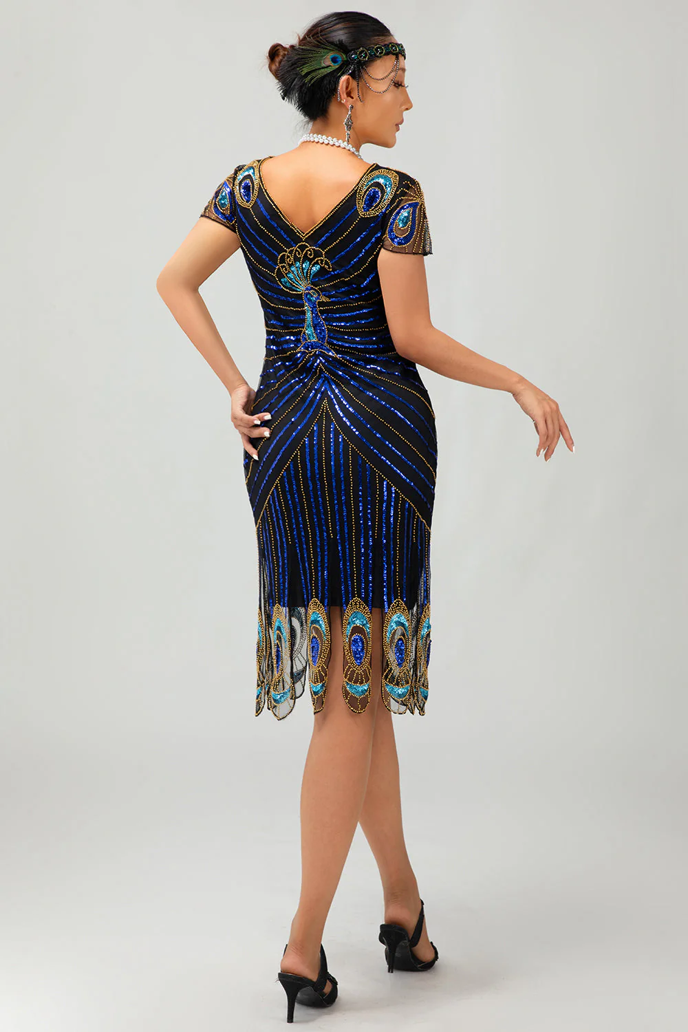 Robe 1920 moulante noire et bleue scintillante à col en V perlé - Image 2