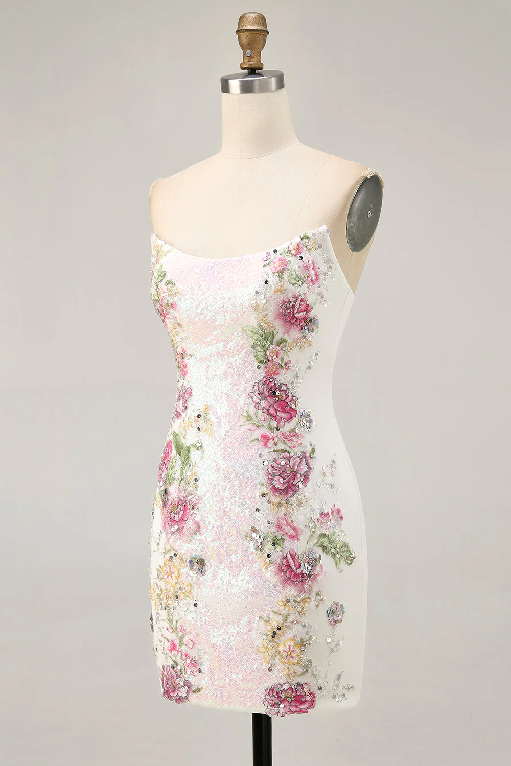 Robe moulante moulante à paillettes florales blanche - Image 3