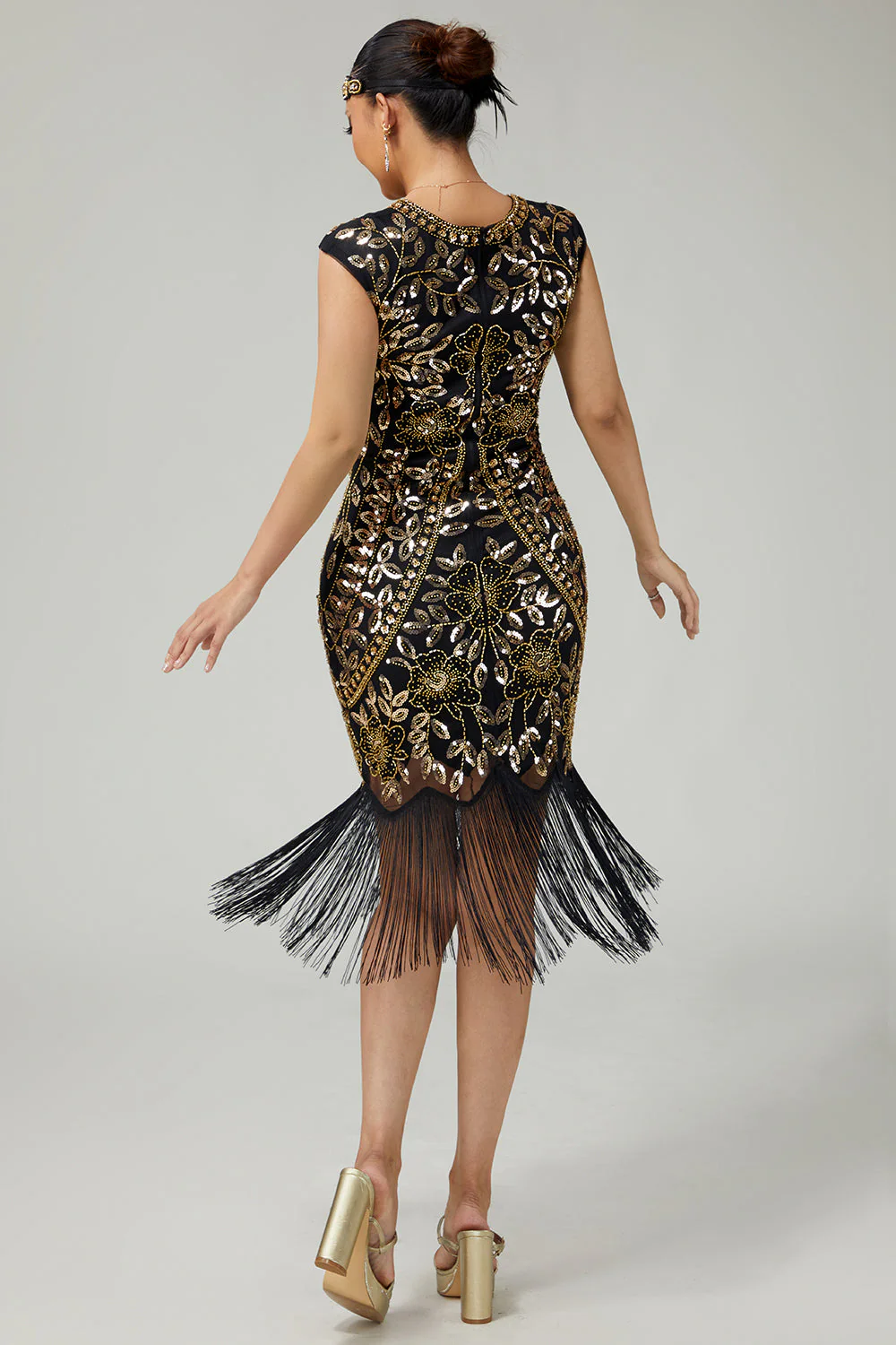 Robe années 20 noire et dorée moulante à franges et paillettes - Image 2