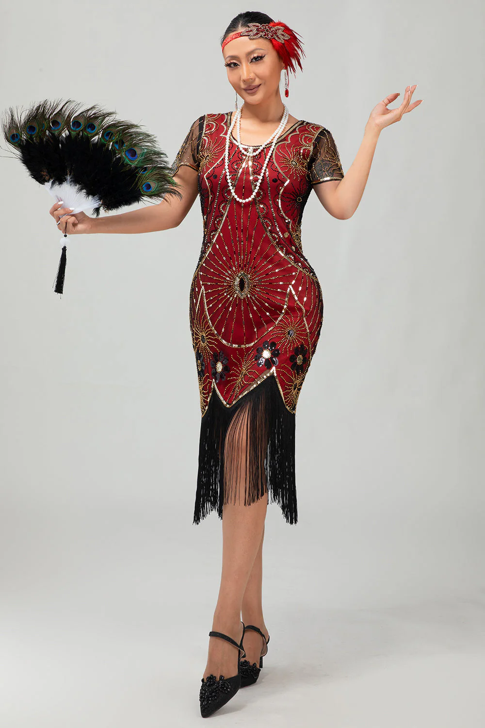 Robe moulante noire perlée à franges dorées des années 1920 - Image 15