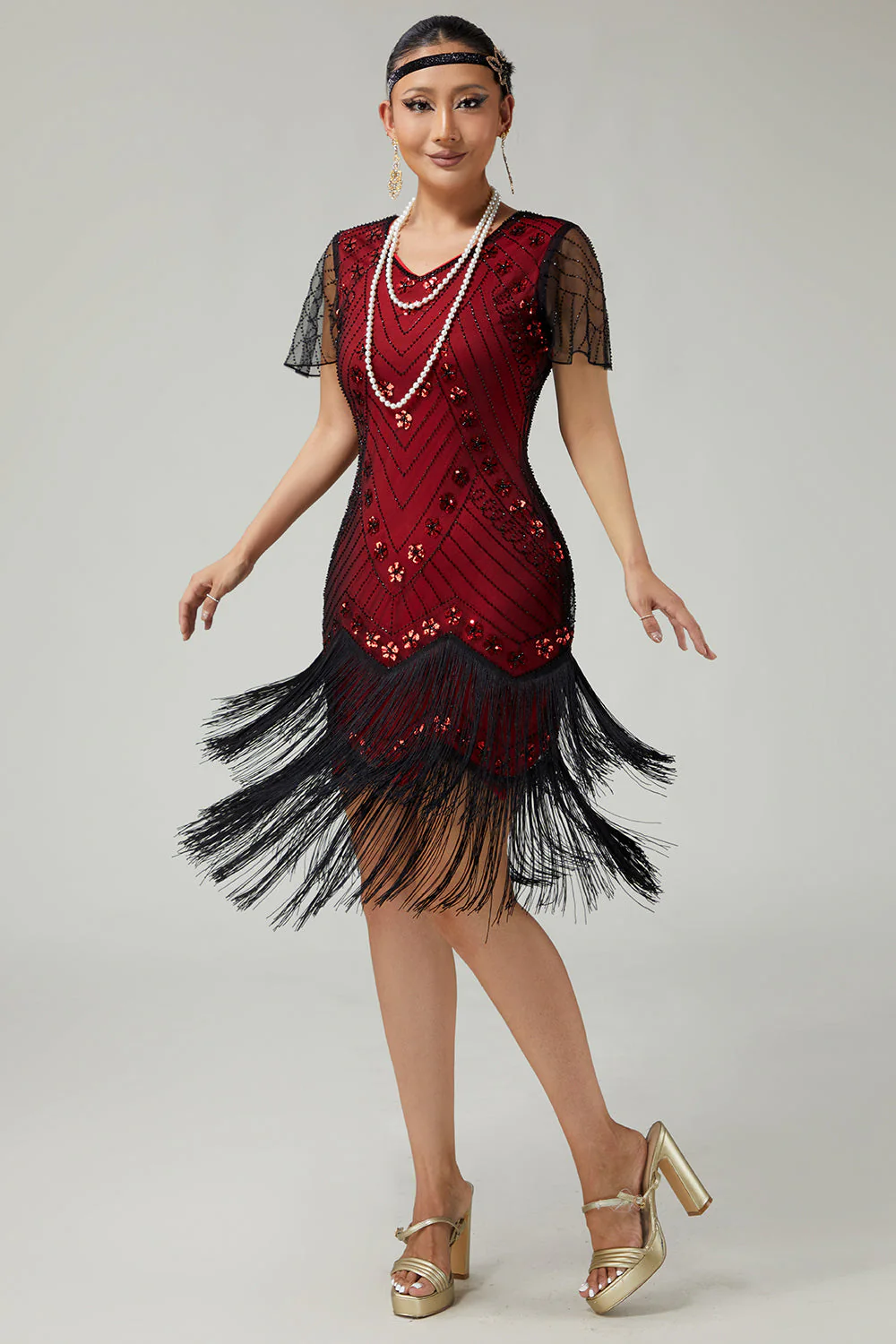 Robe moulante perlée noire rouge rouge des années 1920 avec ensemble d’accessoires 5 pièces - Image 6