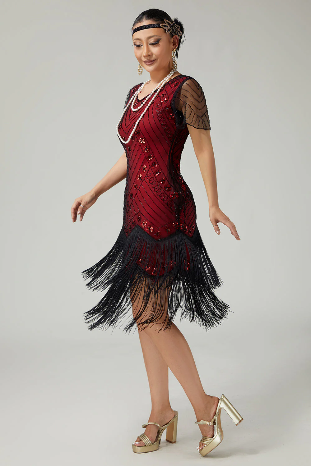 Robe moulante perlée noire rouge rouge des années 1920 avec ensemble d’accessoires 5 pièces - Image 7