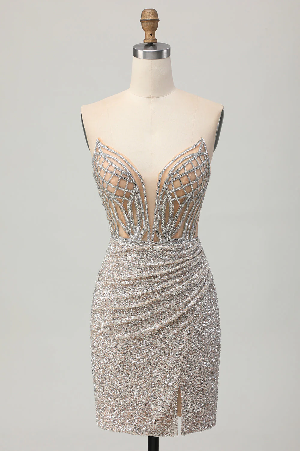 Robe de cocktail moulante scintillante à paillettes sans bretelles avec fente - Image 7