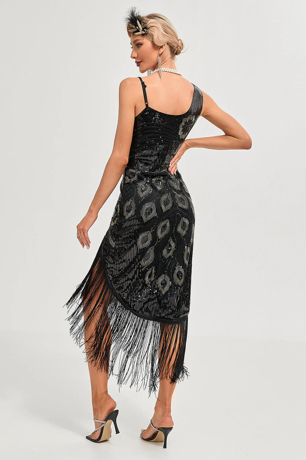 Robe Gatsby des années 20 champagne à bretelles spaghetti avec franges - Image 12
