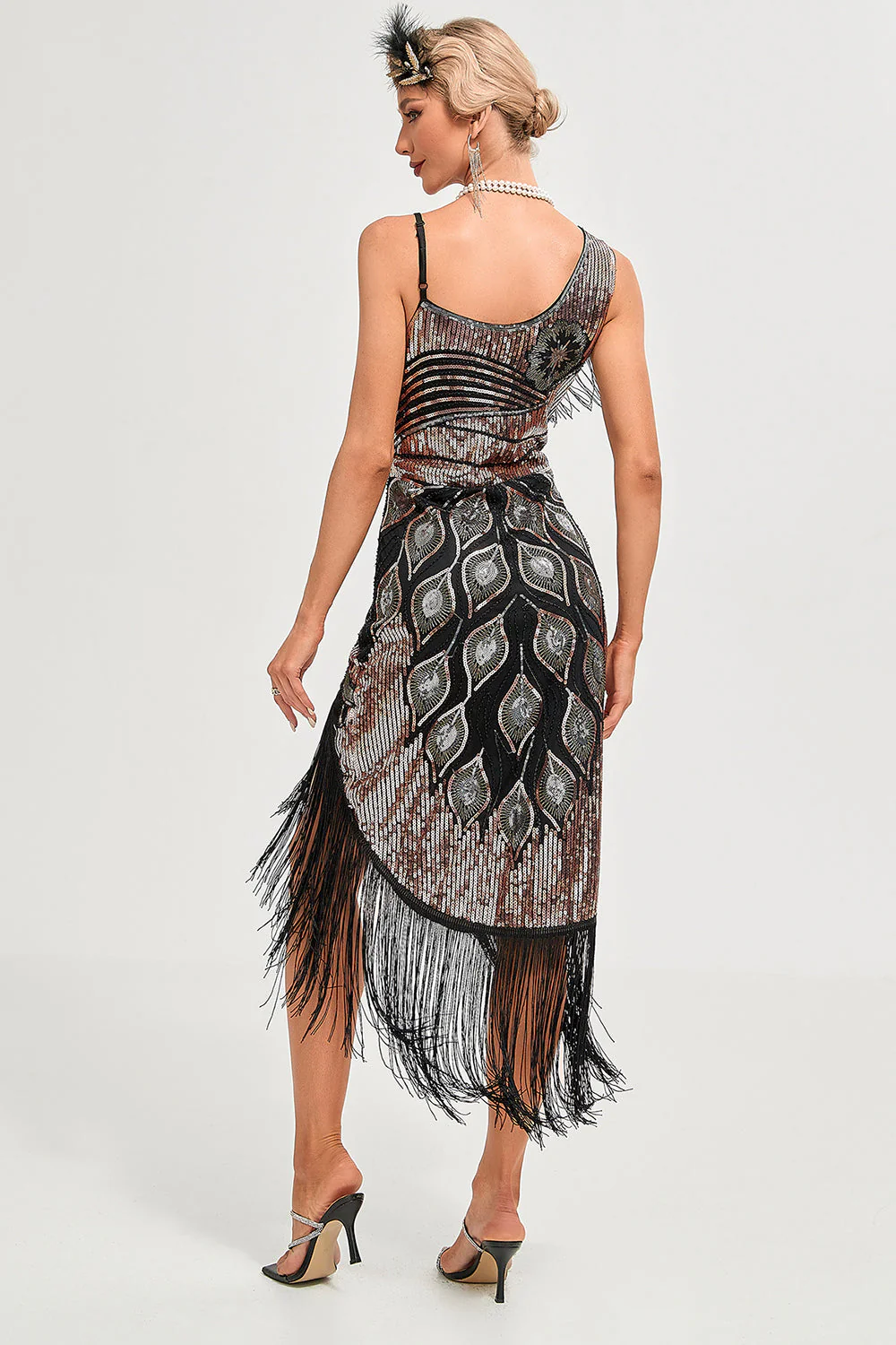 Robe Gatsby des années 20 champagne à bretelles spaghetti avec franges - Image 15