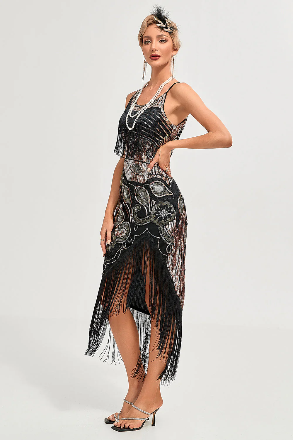 Robe Gatsby des années 20 champagne à bretelles spaghetti avec franges - Image 16
