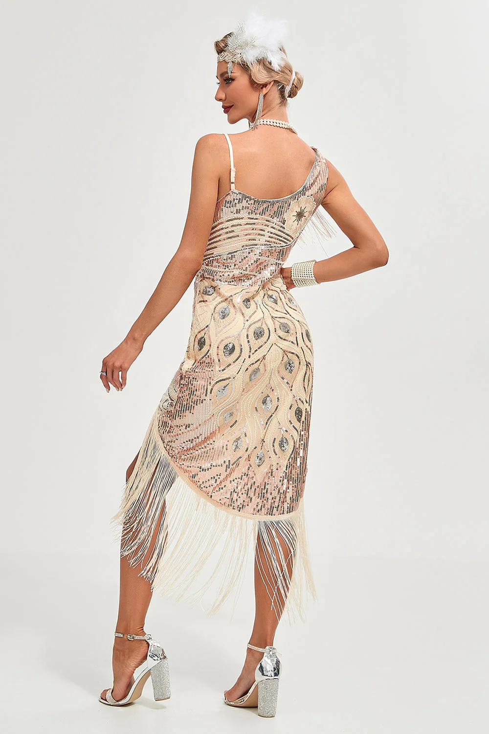 Robe Gatsby des années 20 champagne à bretelles spaghetti avec franges - Image 10