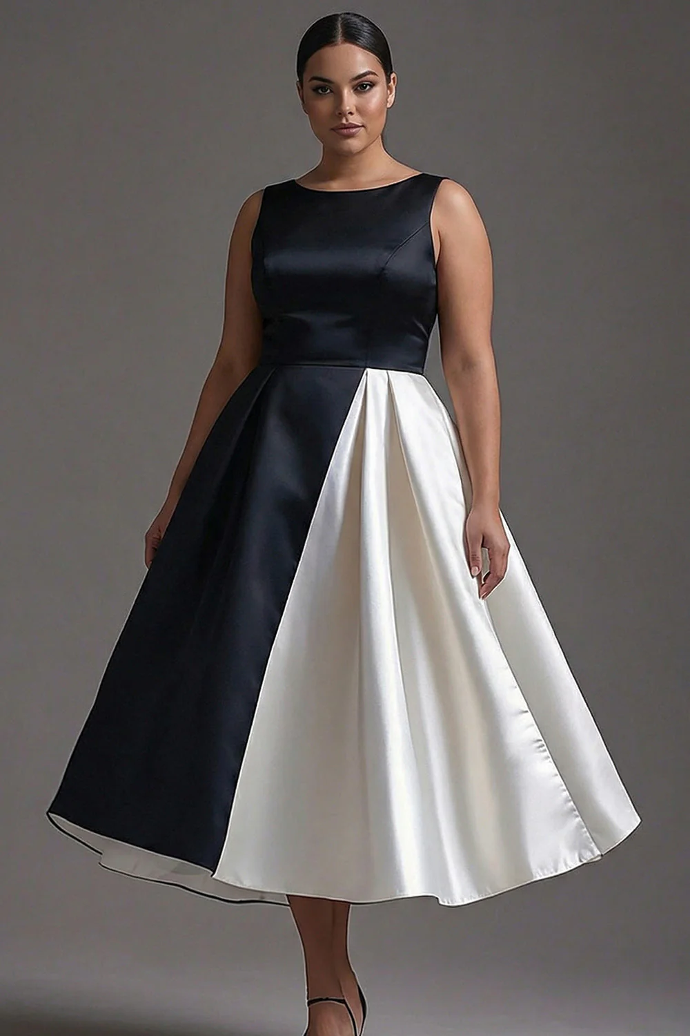 Robe noire à col bateau en satin taille plus A Line