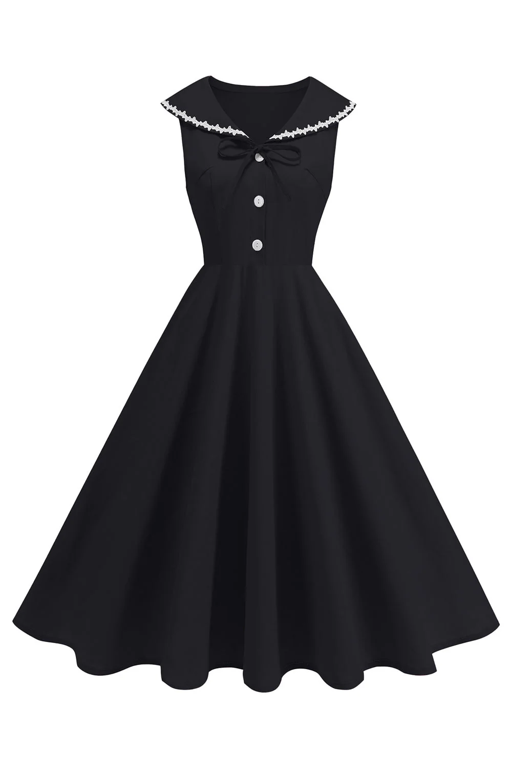 Robe noire à col en V avec la ligne A des années 1950 et nœud