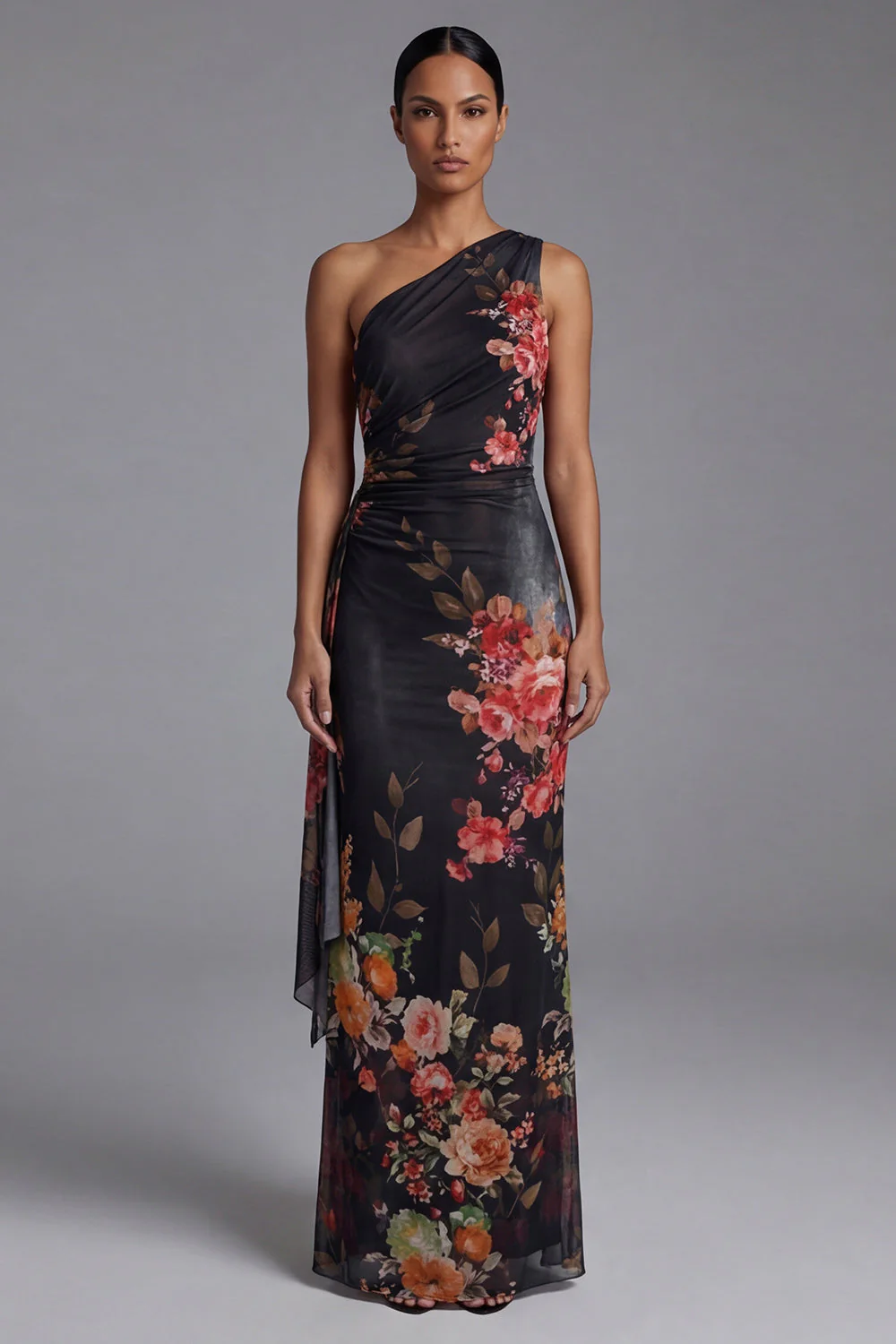 Robe noire à fleurs à motifs d’une épaule