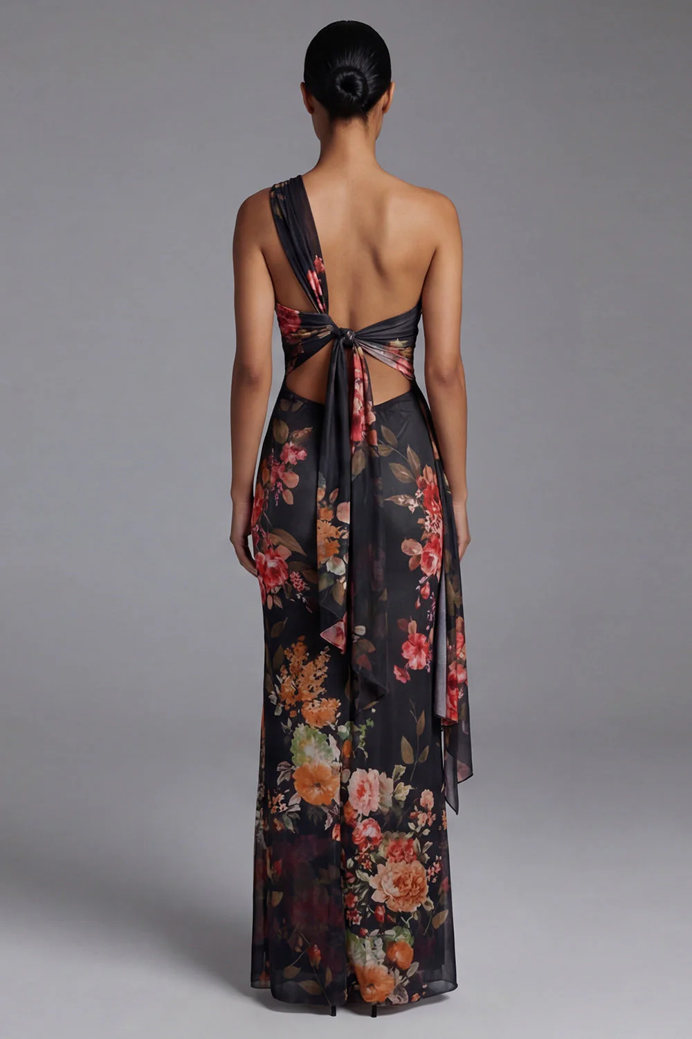 Robe noire à fleurs à motifs d’une épaule - Image 2
