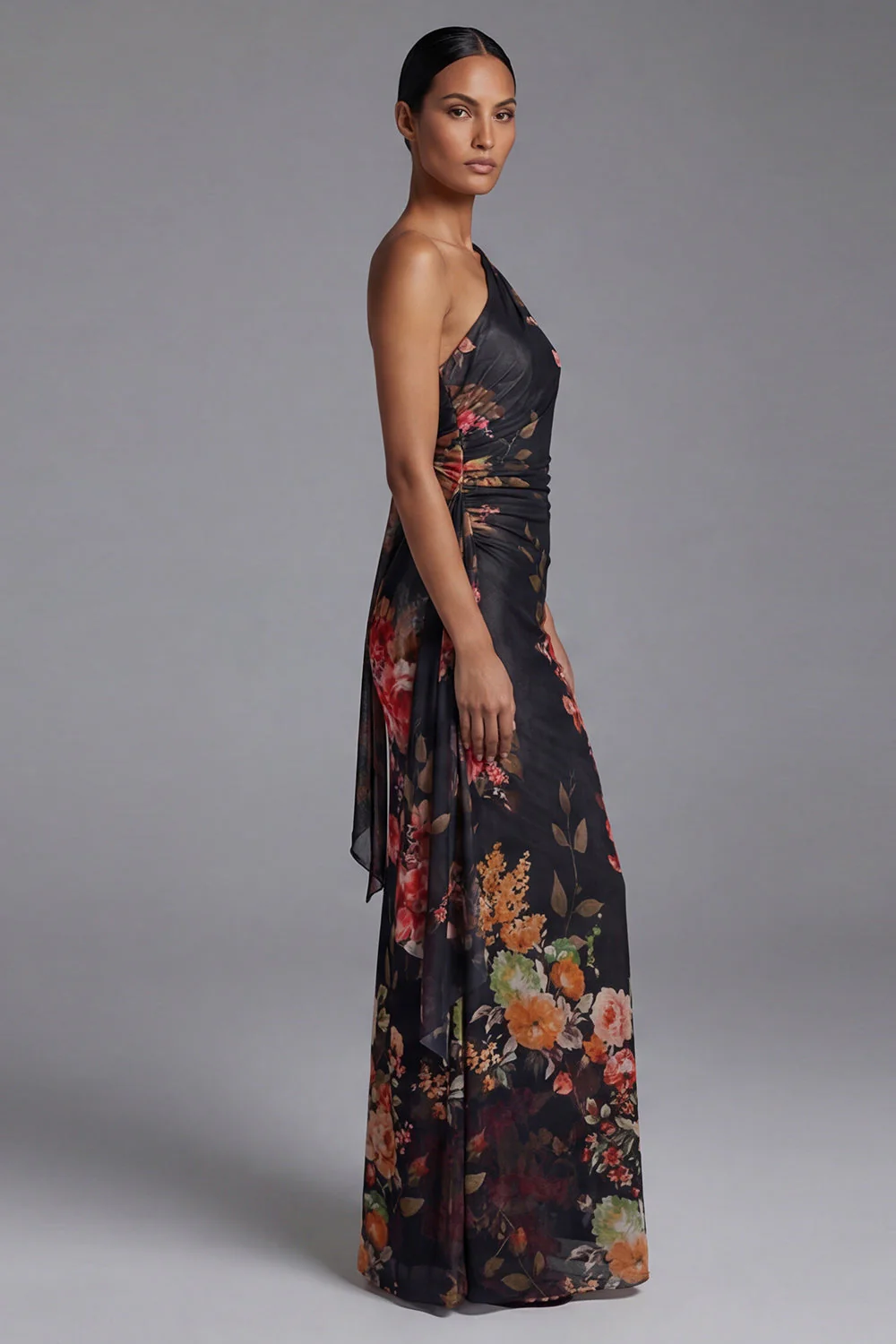 Robe noire à fleurs à motifs d’une épaule - Image 3