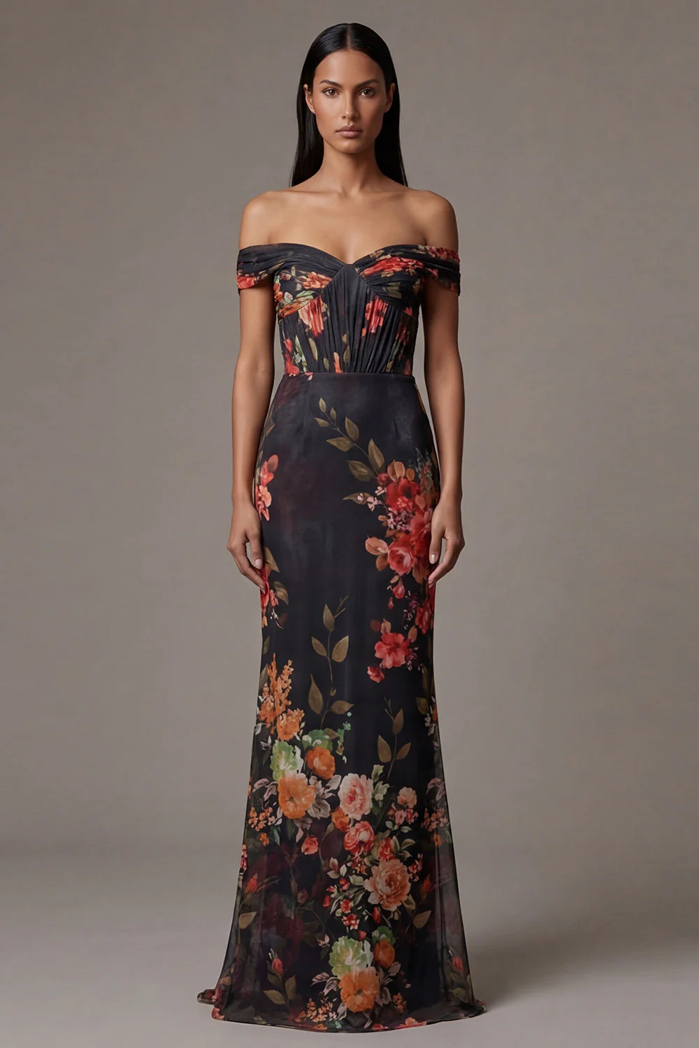 Robe noire à fleurs découpées à épaules découpées