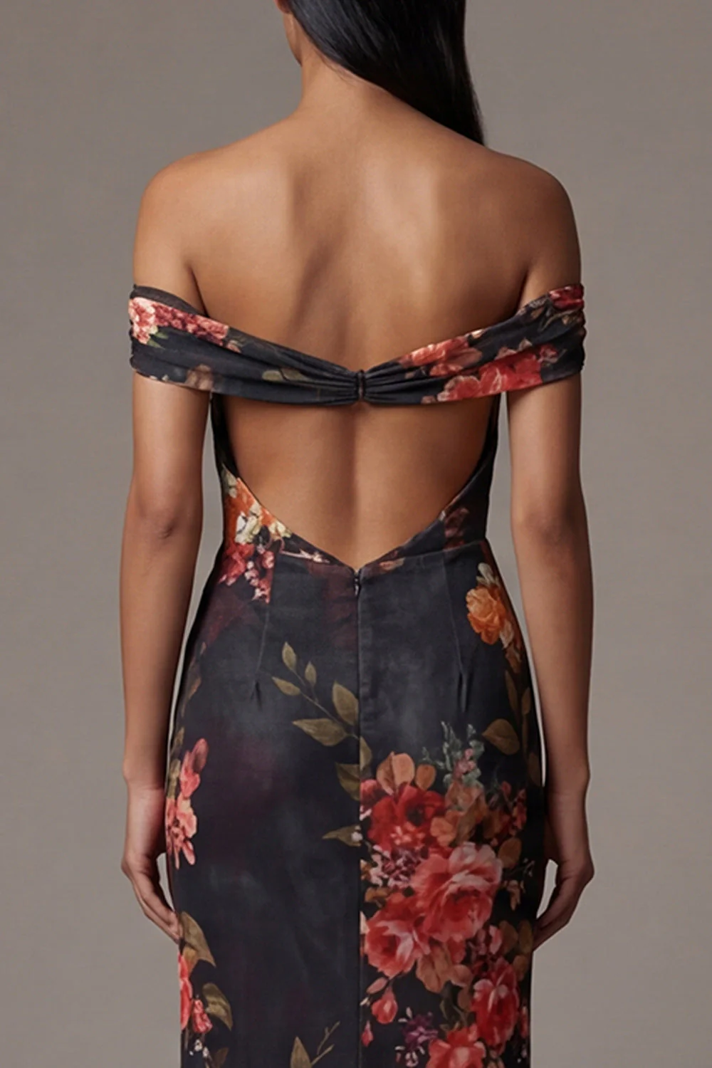 Robe noire à fleurs découpées à épaules découpées - Image 5