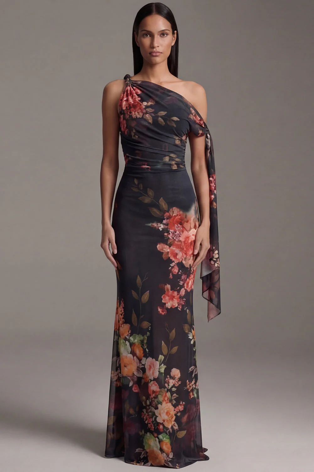 Robe noire à fleurs fronceuses à sirène à col asymétrique