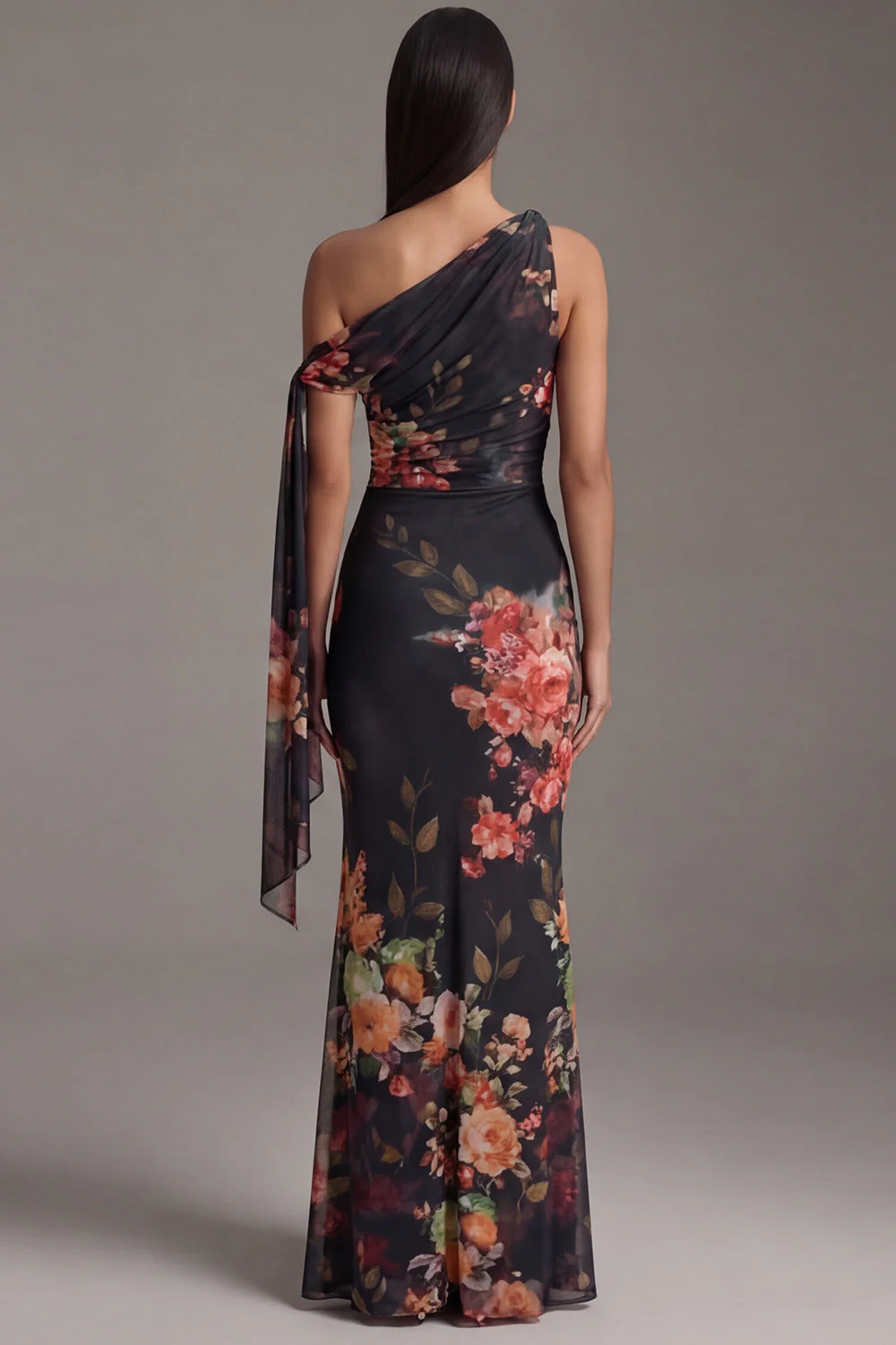 Robe noire à fleurs fronceuses à sirène à col asymétrique - Image 2