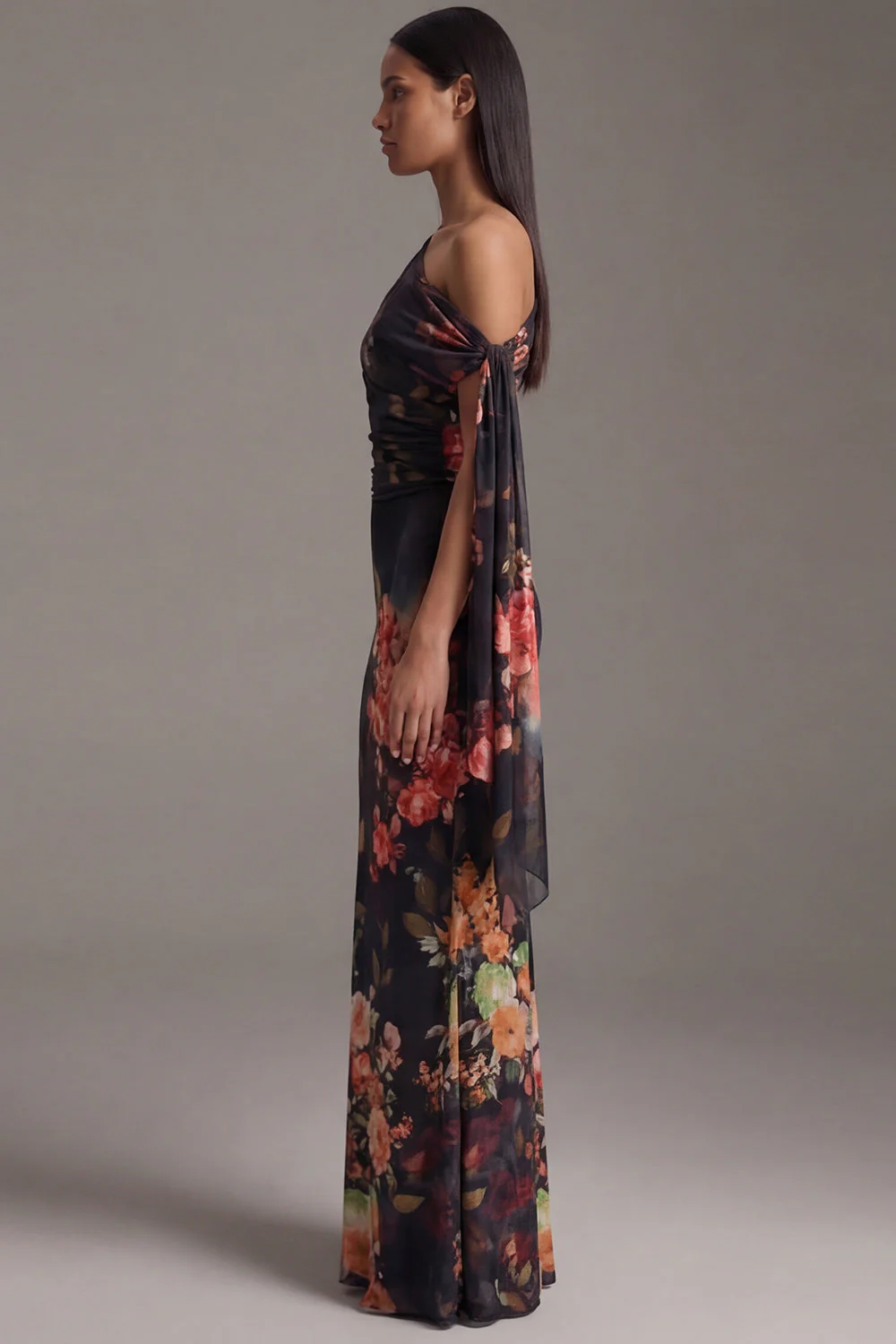 Robe noire à fleurs fronceuses à sirène à col asymétrique - Image 3