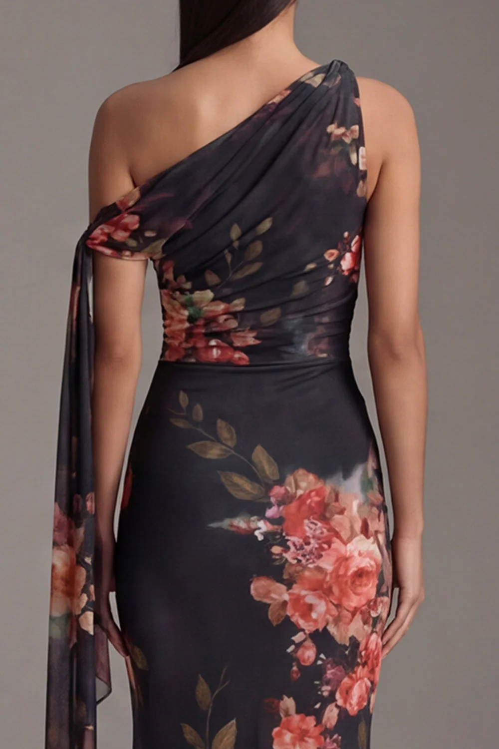 Robe noire à fleurs fronceuses à sirène à col asymétrique - Image 5
