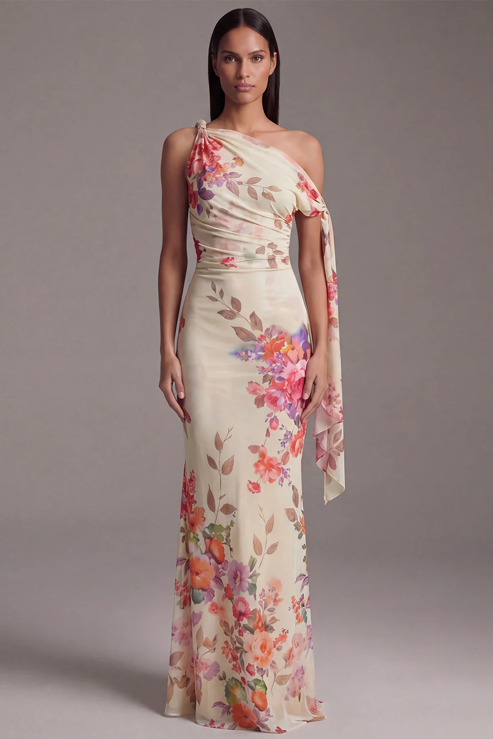 Robe noire à fleurs fronceuses à sirène à col asymétrique - Image 6