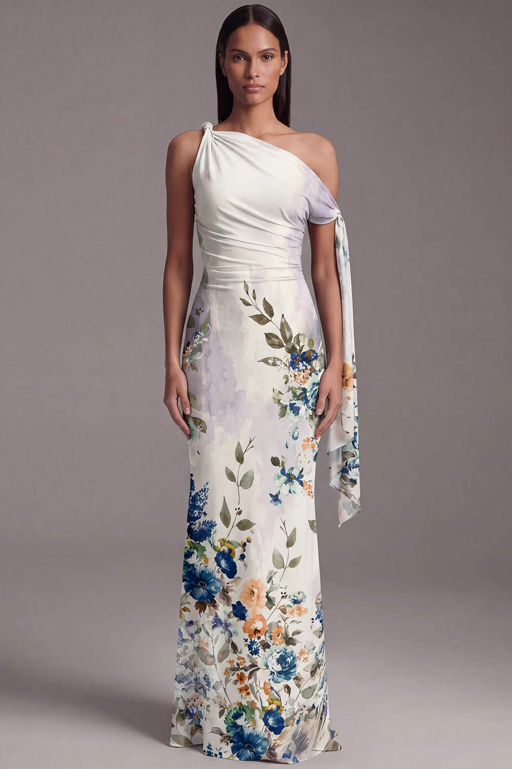 Robe noire à fleurs fronceuses à sirène à col asymétrique - Image 7