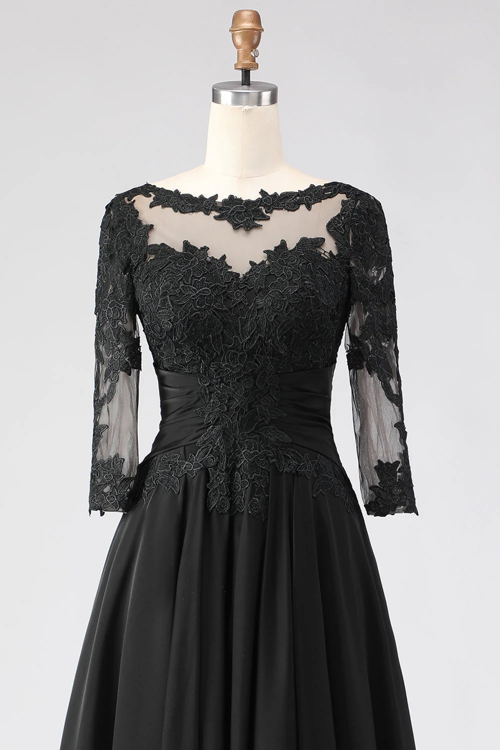 Robe noire A Line Tea longueur 3/4 manches Mother of the Bride avec des appliques - Image 6