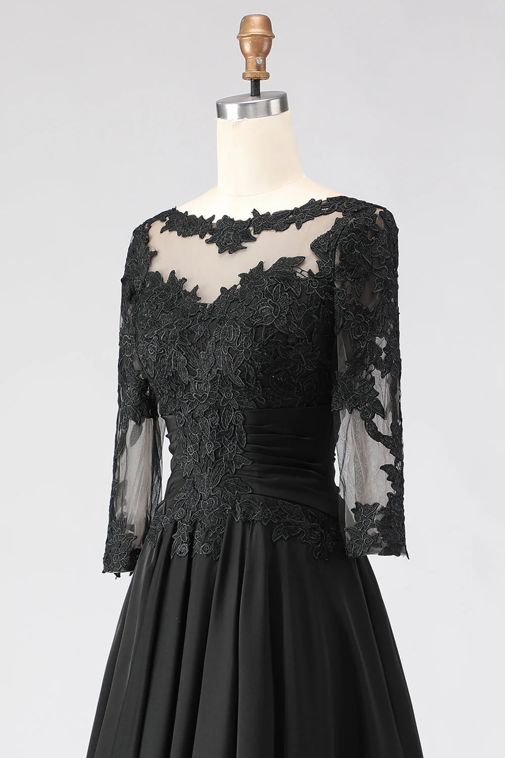 Robe noire A Line Tea longueur 3/4 manches Mother of the Bride avec des appliques - Image 8