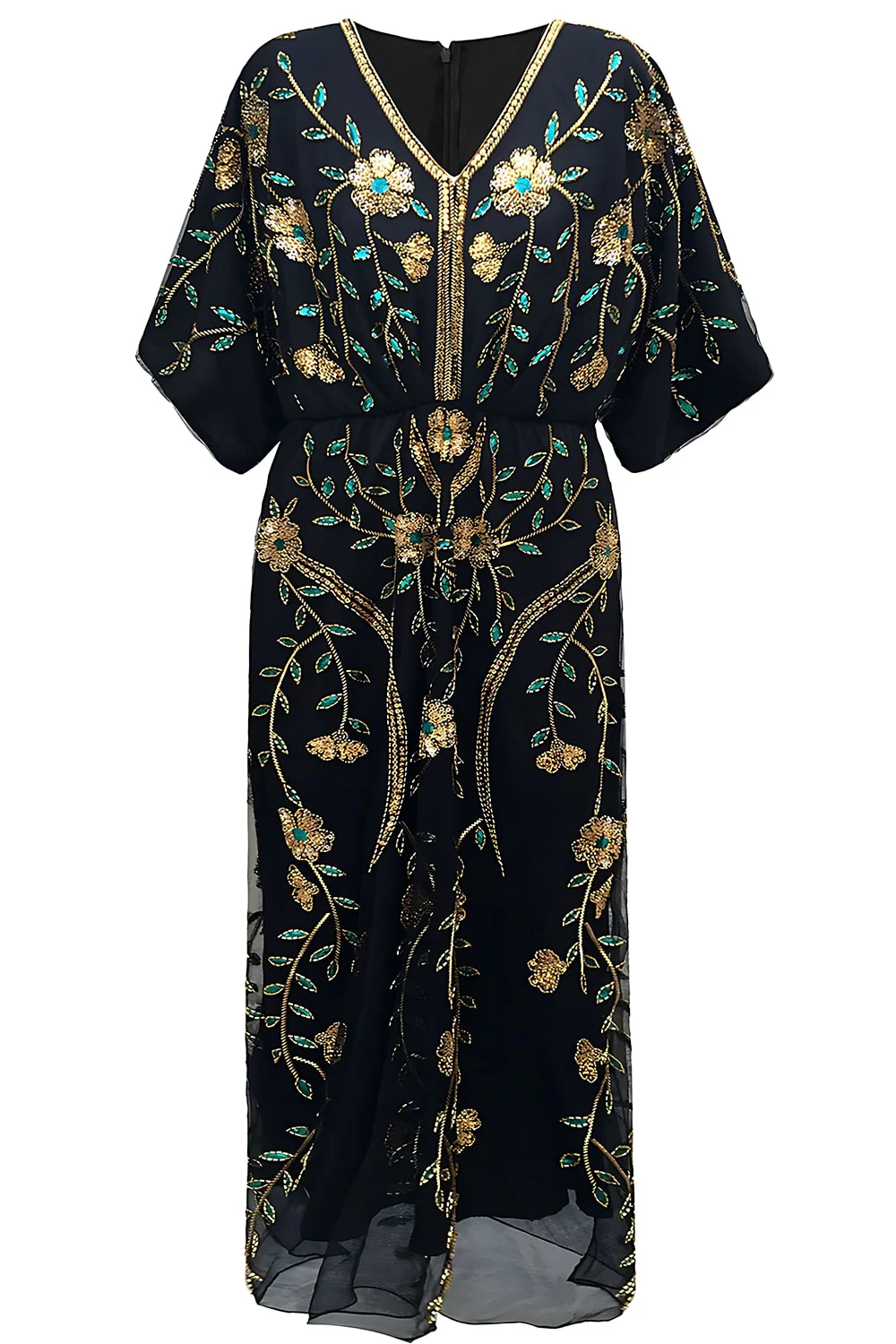 Robe de années 20 noire à col V manches 3/4 pailletée