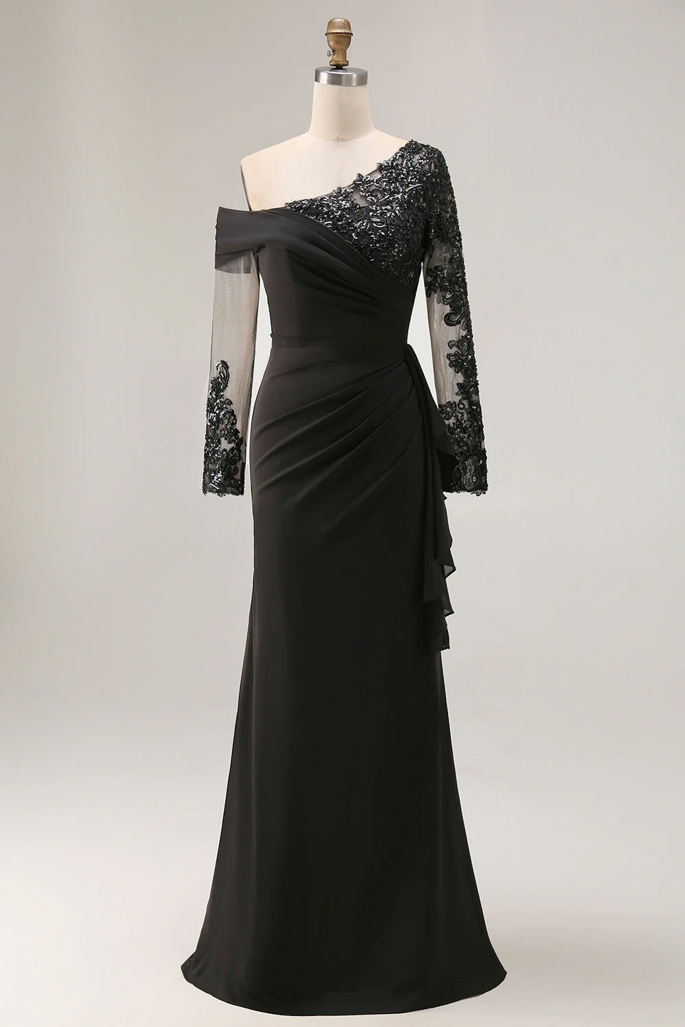 Robe noire à manches longues froncées grande taille de la mère de la mariée - Image 5