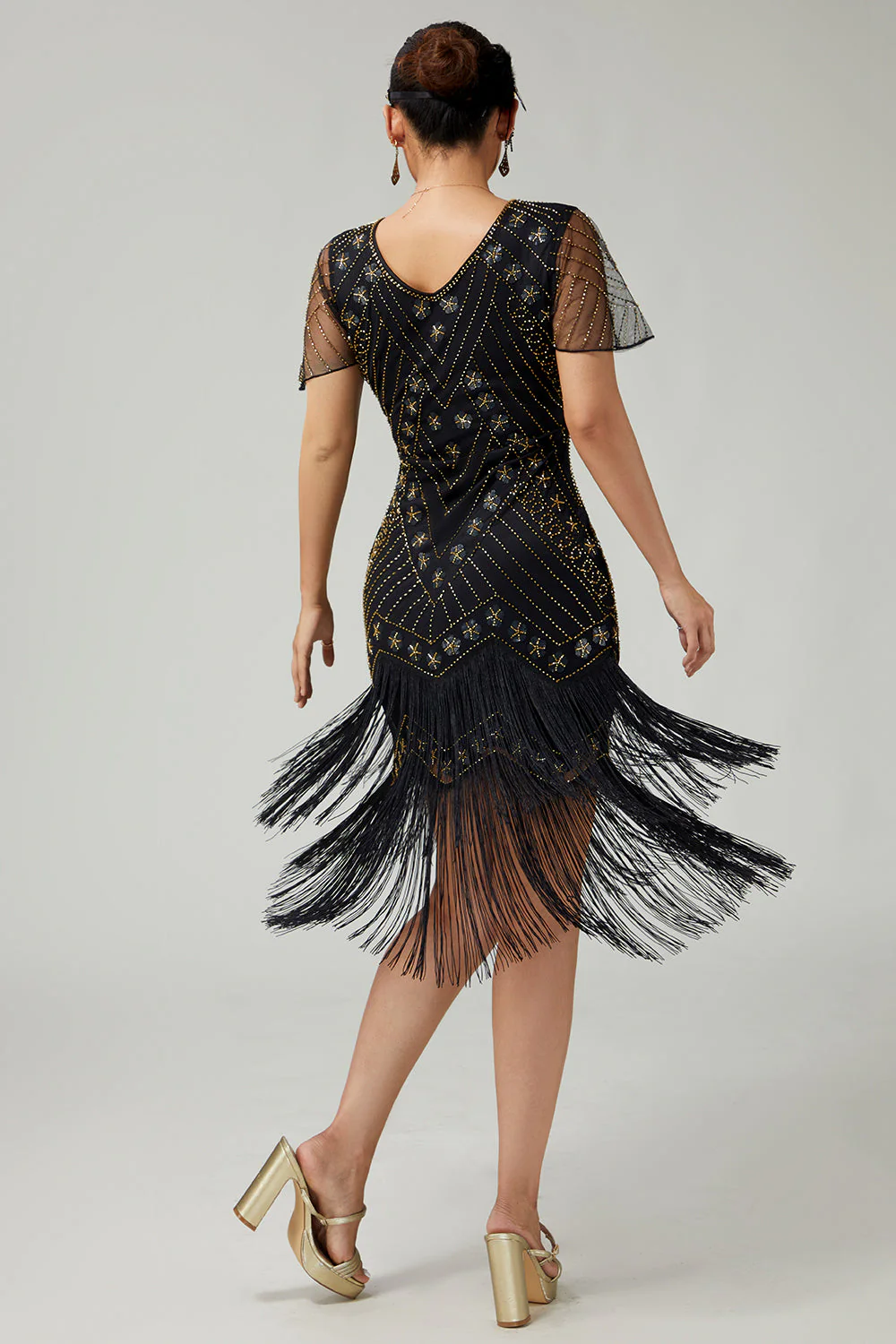 Robe noire dorée à franges des années 1920 avec perles - Image 2