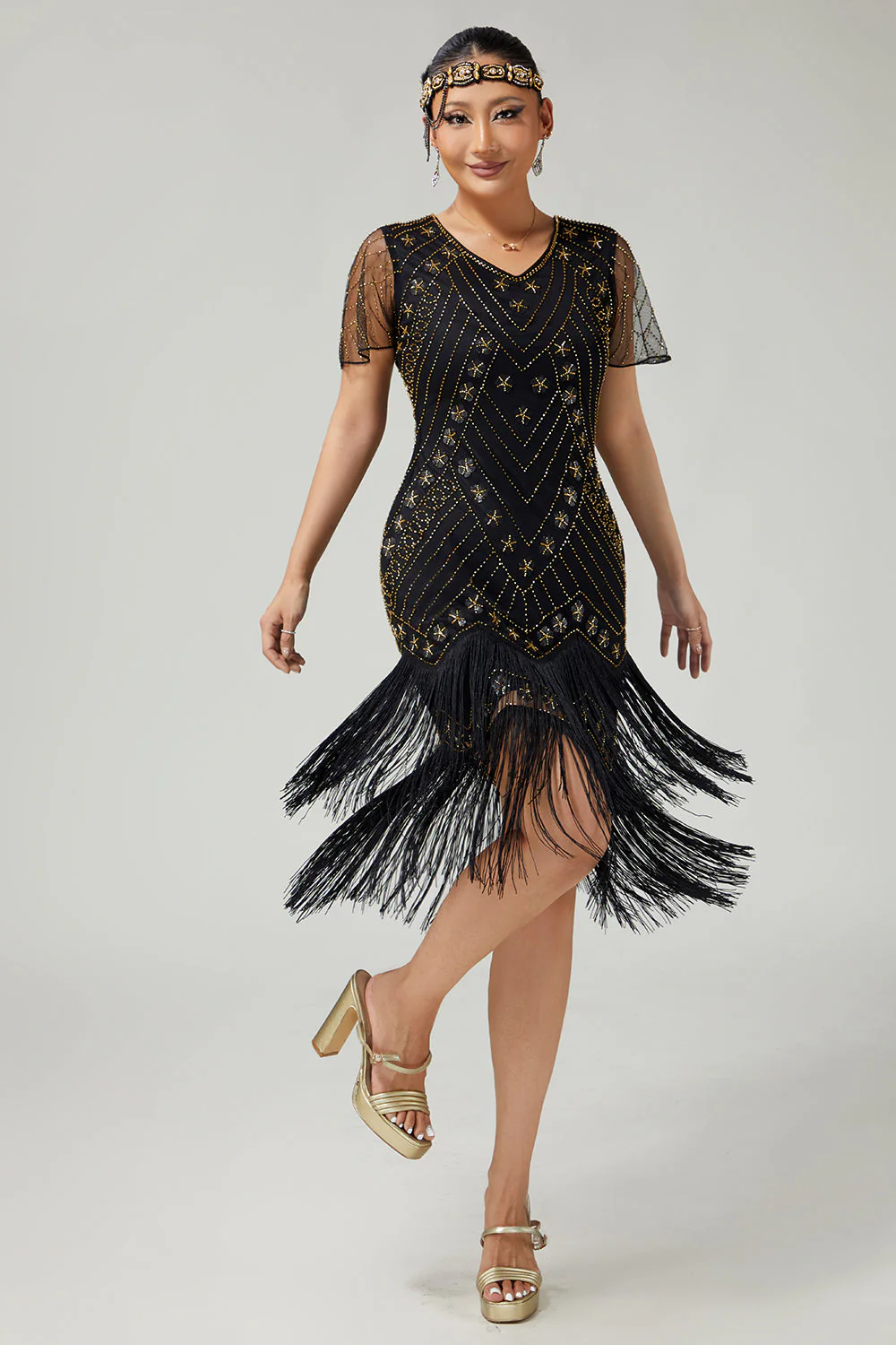 Robe noire dorée à franges des années 1920 avec perles - Image 3