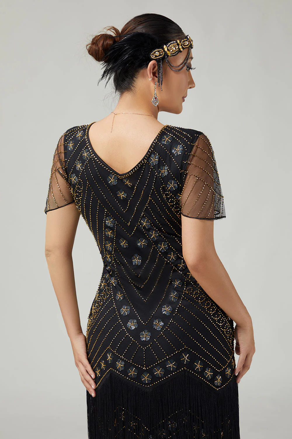 Robe noire dorée à franges des années 1920 avec perles - Image 5
