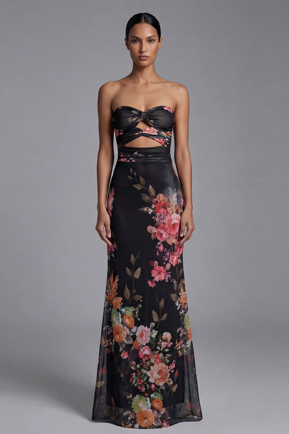 Robe noire longue à fleurs imprimée sans cercles