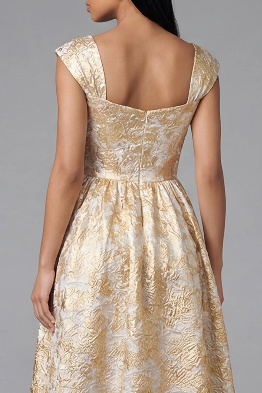 Robe noire midi fleur jacquard à col carré et fronce, ligne en A - Image 10