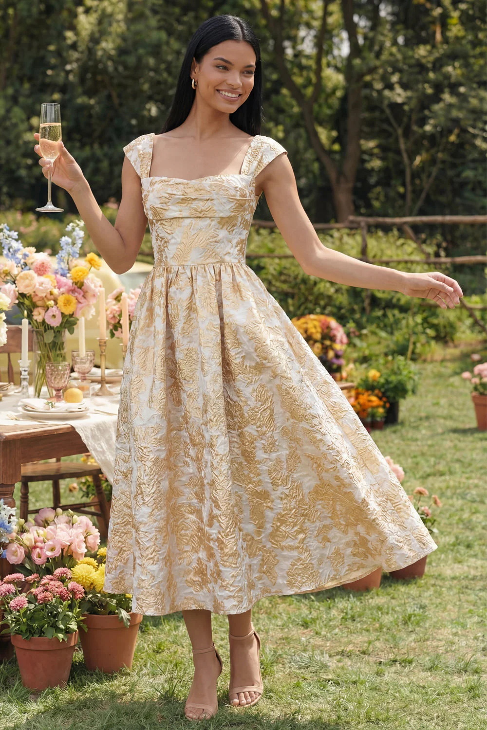 Robe noire midi fleur jacquard à col carré et fronce, ligne en A - Image 6