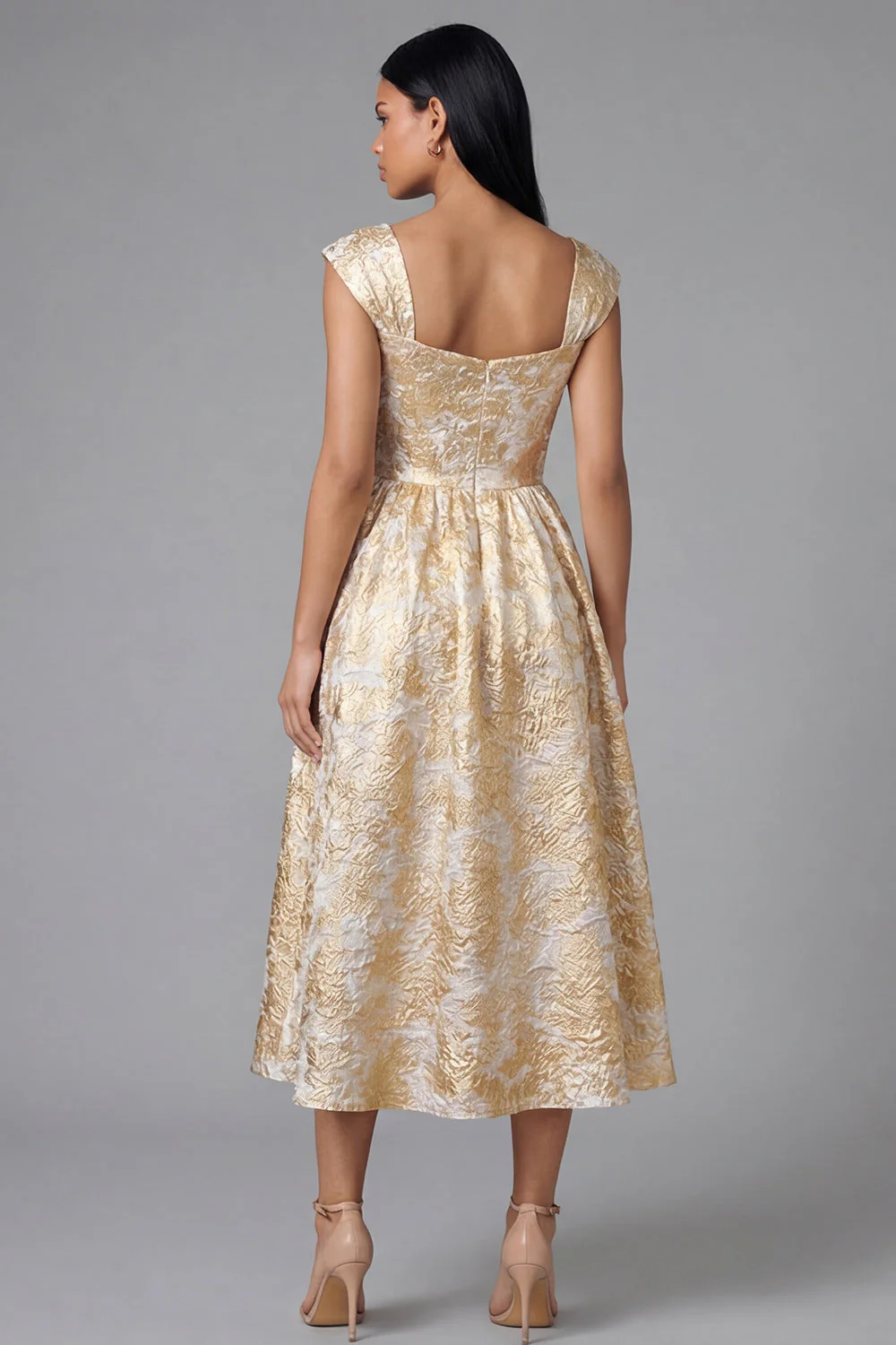 Robe noire midi fleur jacquard à col carré et fronce, ligne en A - Image 7