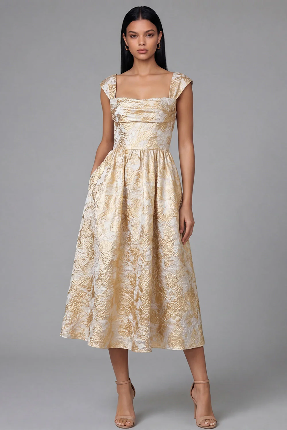 Robe noire midi fleur jacquard à col carré et fronce, ligne en A - Image 8