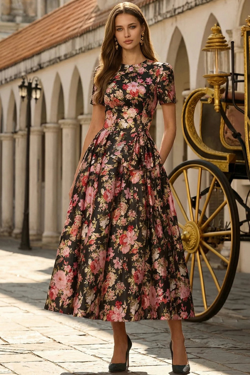 Robe noire rose à manches courtes midi en satin midi avec poches