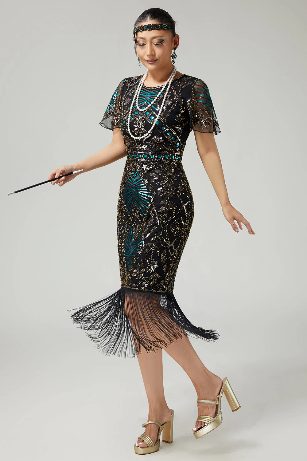 Robe noire scintillante à franges bleues des années 1920 à manches courtes - Image 7