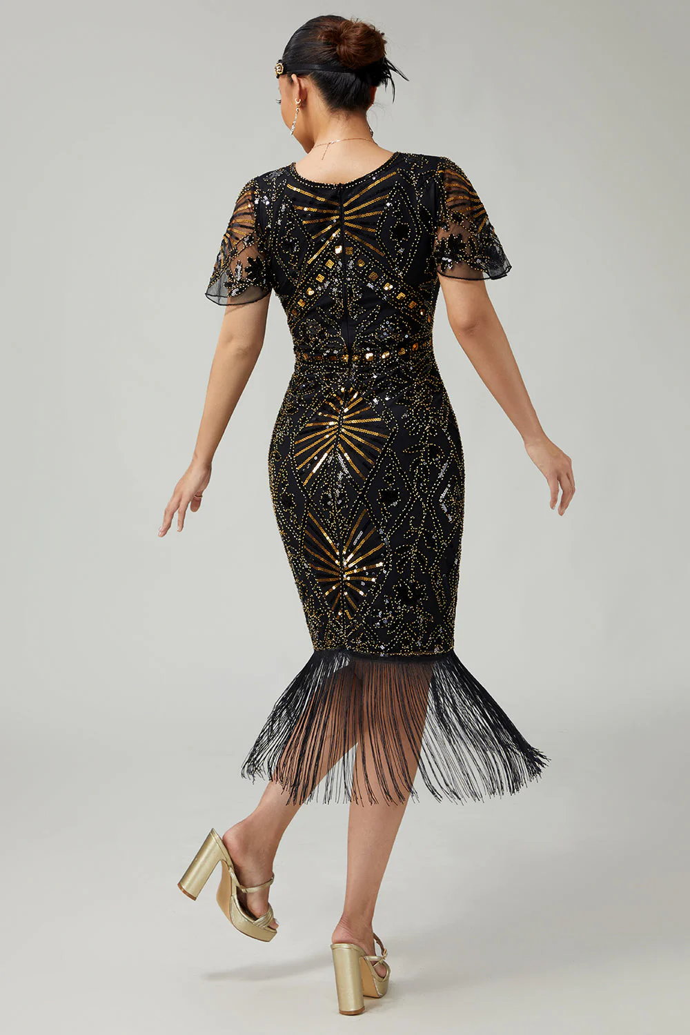 Robe noire scintillante à franges bleues des années 1920 à manches courtes - Image 9