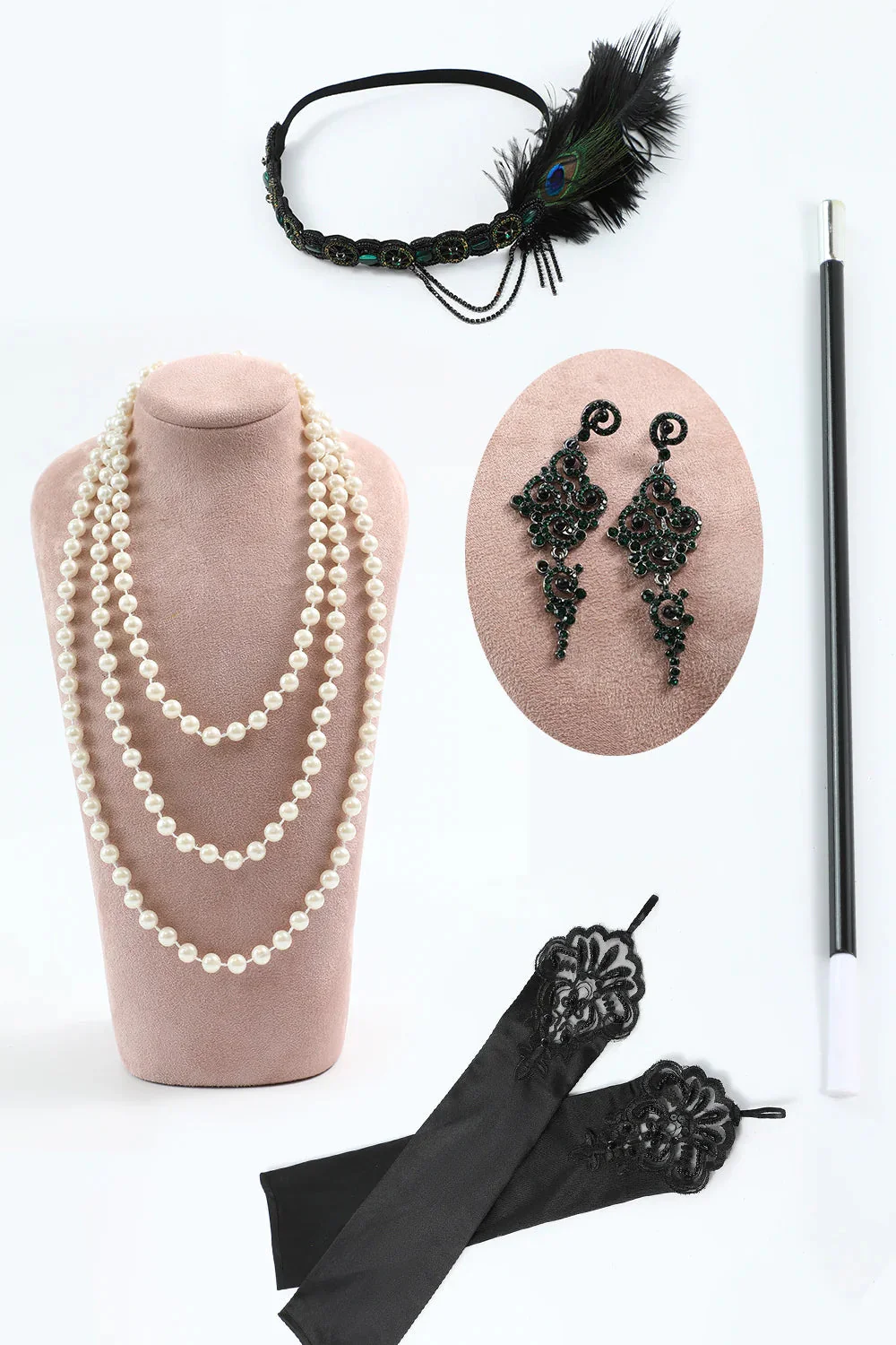 Robe noire scintillante à franges des années 20 avec ensemble d’accessoires - Image 3