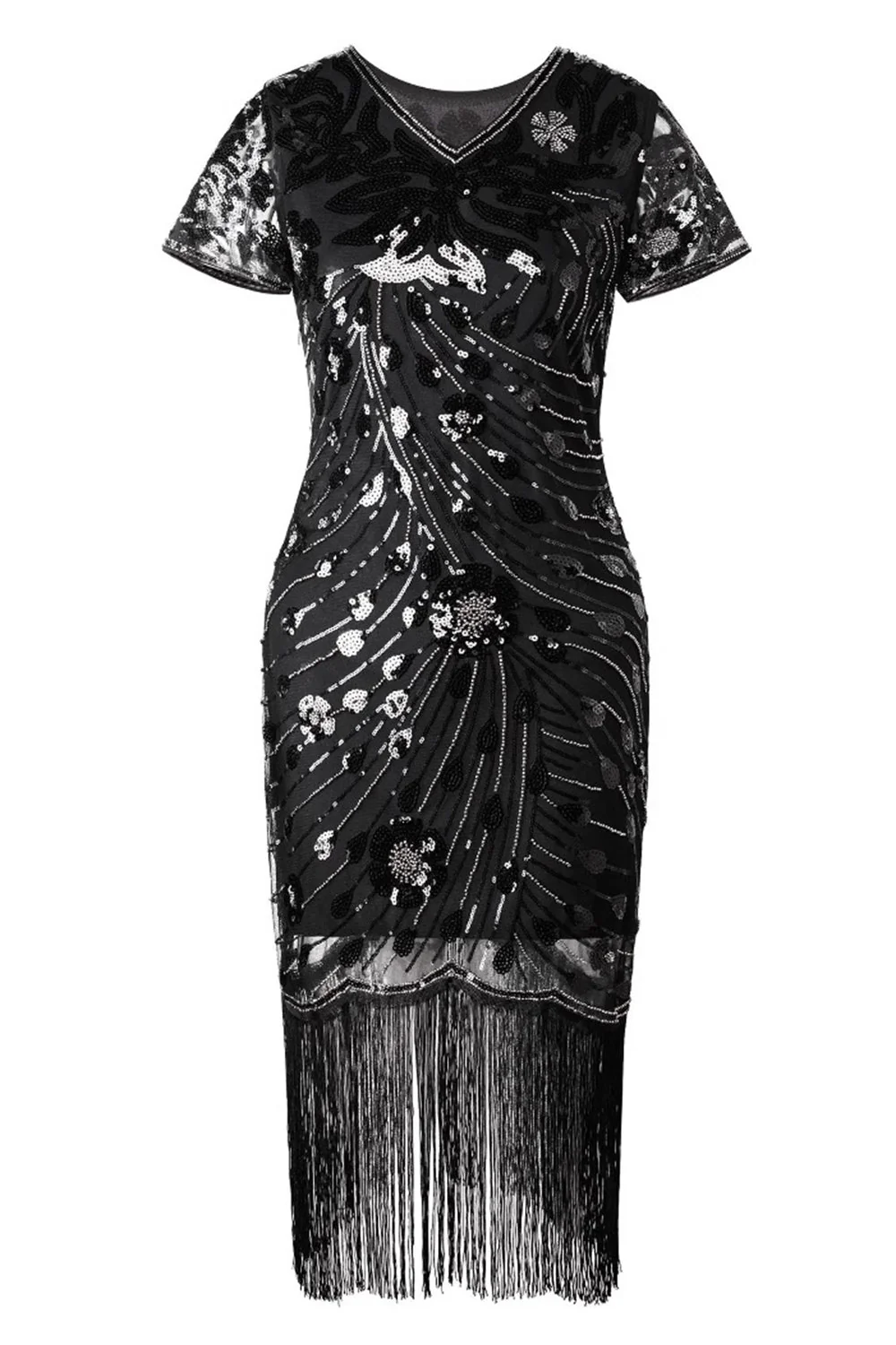 Robe années 20 noire scintillante à col V et franges dorées manches courtes - Image 9