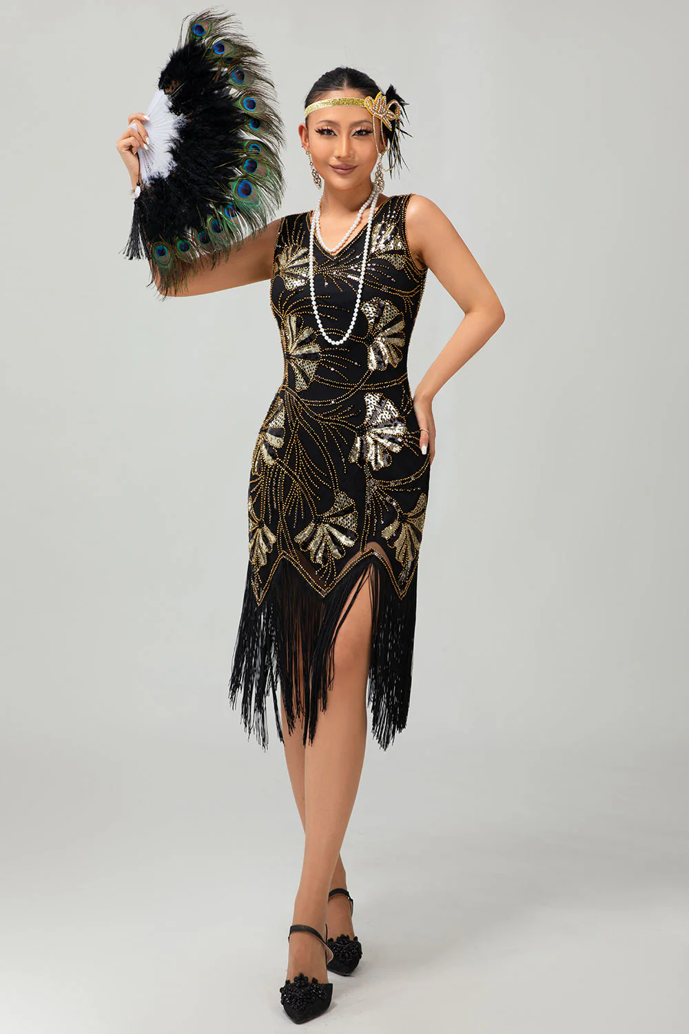 Robe noire scintillante à franges dorées des années 1920 - Image 3