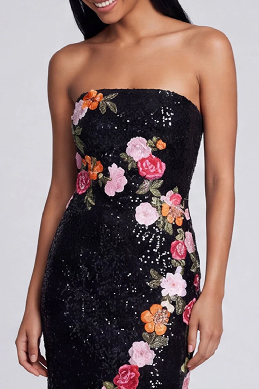 Robe noire scintillante sans bretelles Fourreau long à fleurs à sequins - Image 3