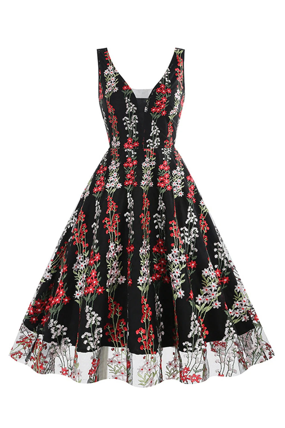 Robe noire Swing des années 50 avec broderie