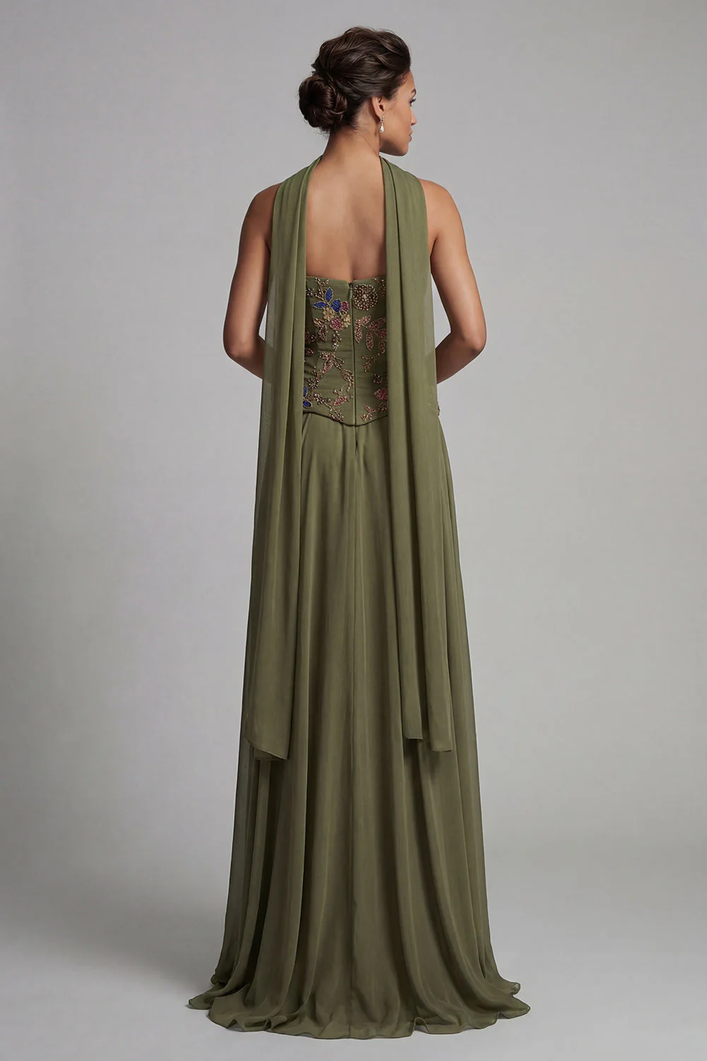 Robe Olive Strapless A Line Appliqué Mother of the Bride avec écharpe - Image 2