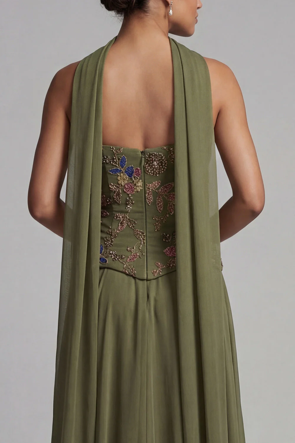 Robe Olive Strapless A Line Appliqué Mother of the Bride avec écharpe - Image 3