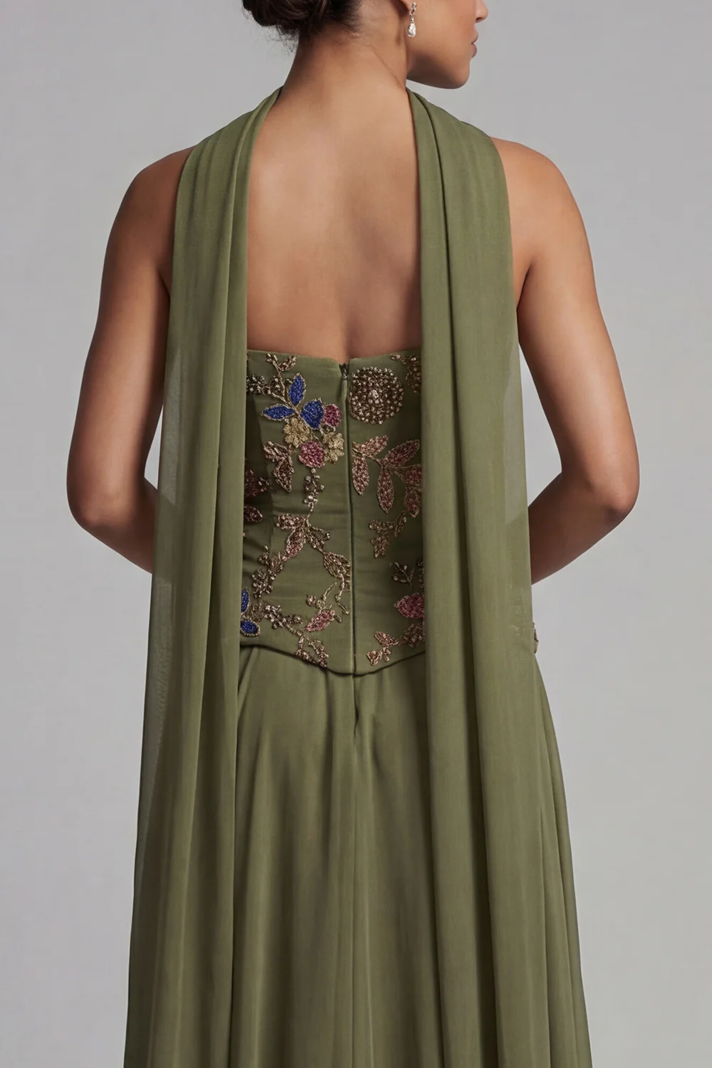 Robe Olive Strapless A Line Appliqué Mother of the Bride avec écharpe - Image 5