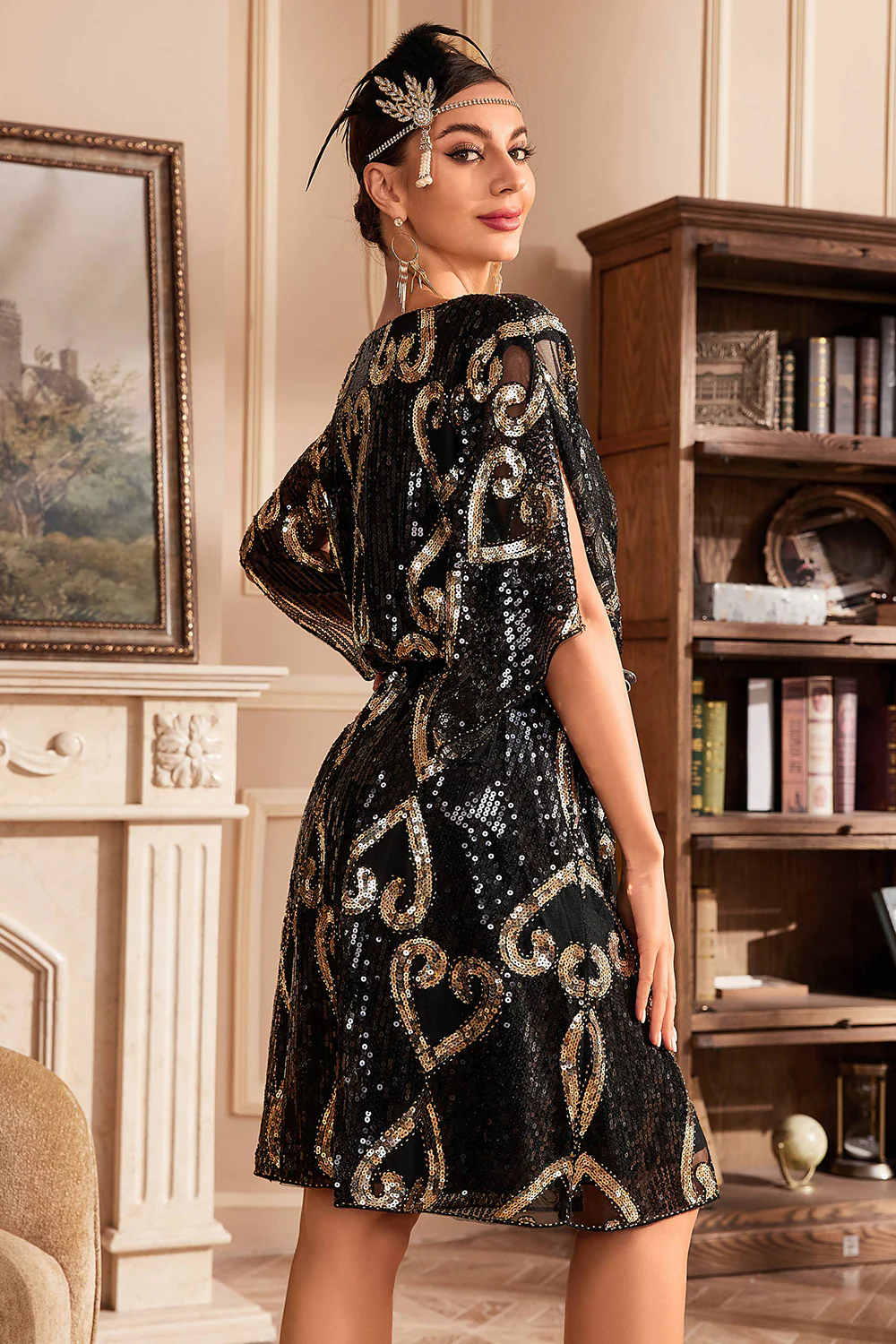 Robe des années 20 à paillettes noires avec manches chauve-souris - Image 2