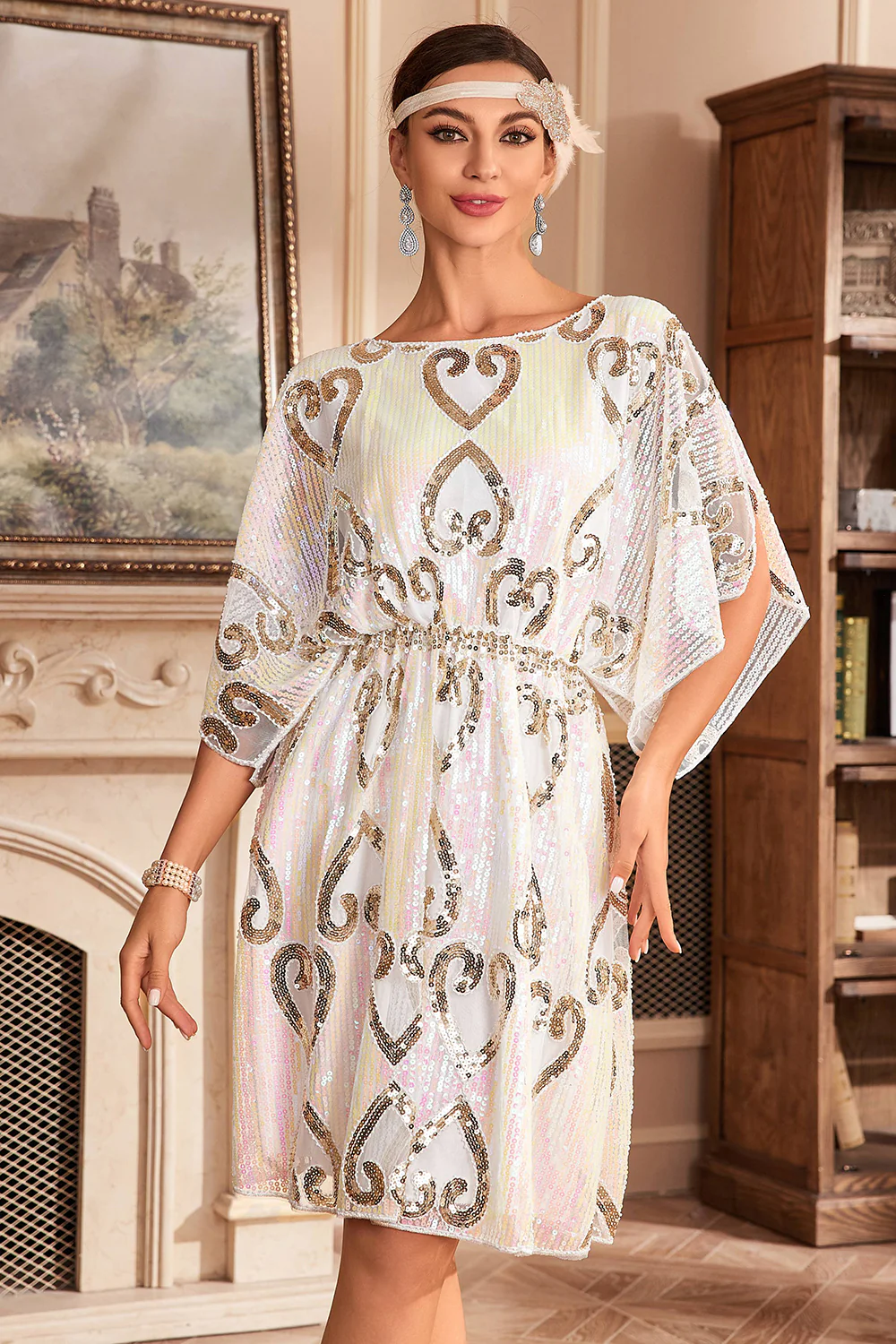 Robe des années 20 à paillettes noires avec manches chauve-souris - Image 7